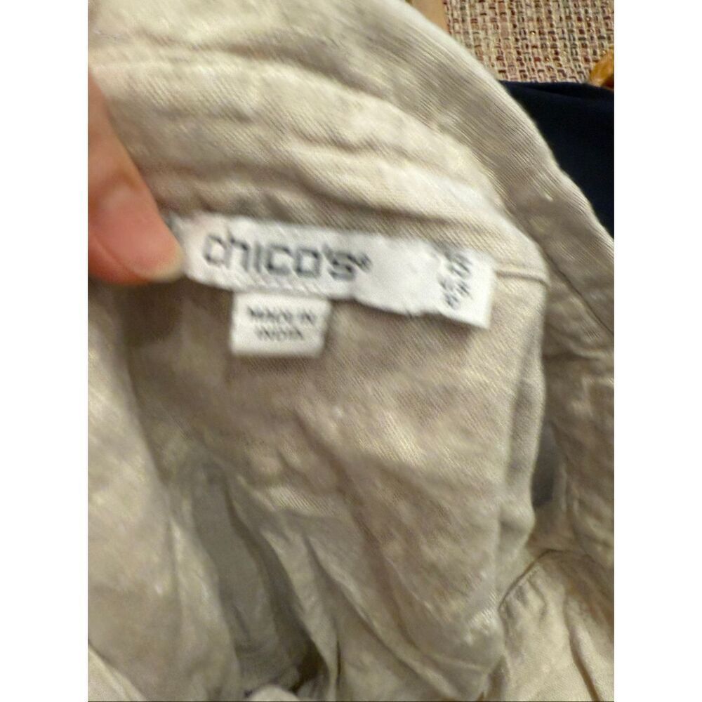 Chicos Beige Linen Collared Button Boxy Fit Short Cap Sleeve Popover Top Size 10 - Picture 4 of 5